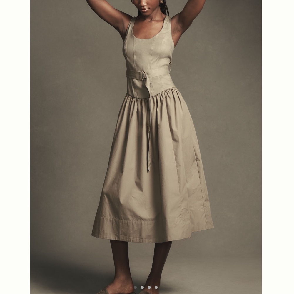 Anthropologie Sleeveless Belted Drop-Waist Midi Dress New Large Boho Moss Green - Picture 5 of 16
